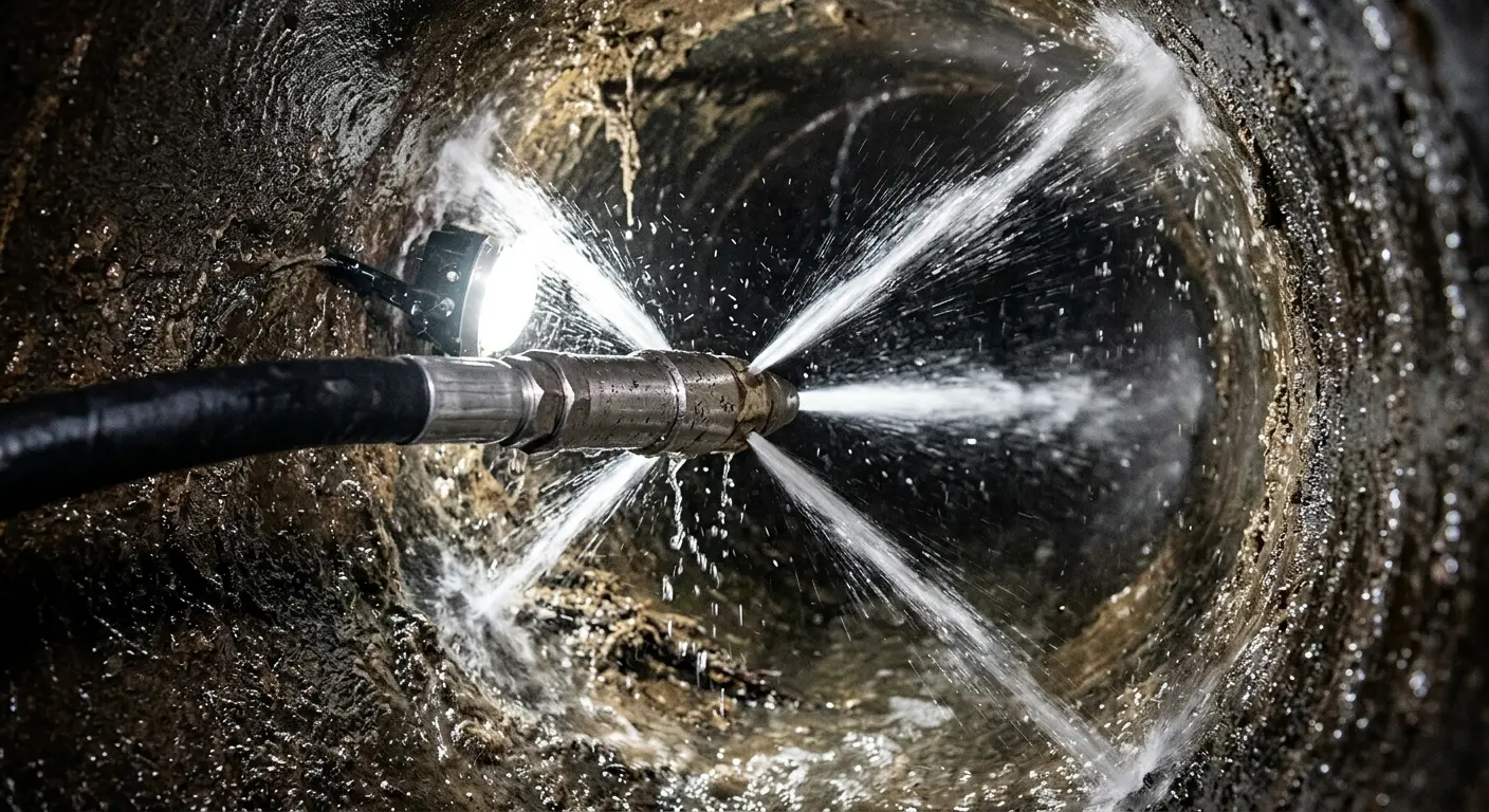 High-pressure hydro jetting nozzle cleaning sewer pipe for Trenchless Sewer Repair in Pampa