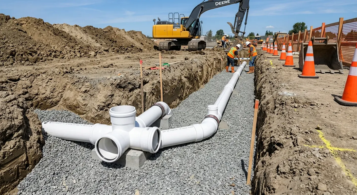 New PVC sewer pipe installation in open trench for Sewer Camera Inspection in Pampa