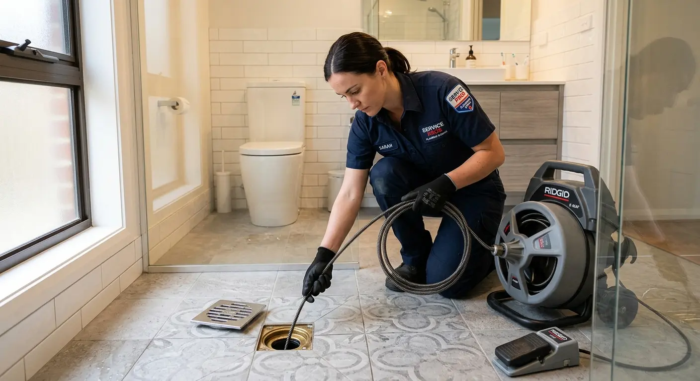 Technician clearing a bathroom floor drain for Sewer Line Replacement in Pampa